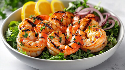  grilled shrimp served in a bowl with fresh salad, garnished with lemon slices and red onions, healthy seafood dish