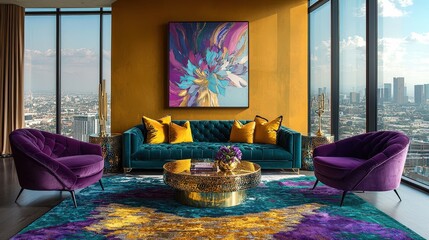 Wall Mural - A vibrant living space with a teal sofa, purple chairs, and colorful artwork, creating an inviting atmosphere with a stunning view of the city