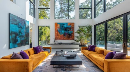 Poster - A bright living space features large windows, vibrant orange sofas, and an artistic centerpiece, creating a warm atmosphere in a forested setting