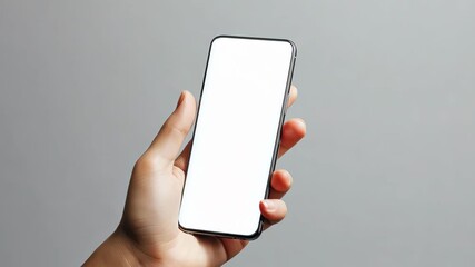 Sticker - Hand holding smartphone with white screen on gray background