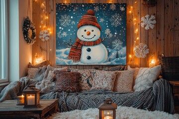 Wall Mural - A charming living room featuring a snowman painting, cozy textiles, and warm lights, creating a festive atmosphere during winter celebrations