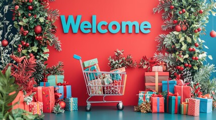 Poster - A brightly adorned space welcomes visitors with a shopping cart overflowing with gifts surrounded by festive decorations and vibrant presents