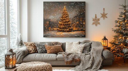 Sticker - A warm living space features a beautifully lit Christmas tree, cozy blankets, and decorative lanterns, creating a festive atmosphere on a snowy winter night