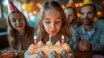 A lively birthday scene with a child taking a deep breath to blow out the candles on a cake, surrounded by cheering family members, the room decorated with bright colors, balloons, and party hats,