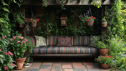 Poster - A charming garden seating area with a striped couch, adorned by hanging plants and colorful flowers, creates a peaceful retreat outdoors