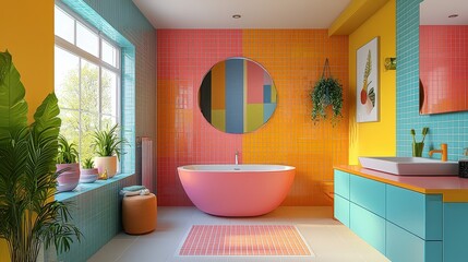 Sticker - The bathroom showcases a bold design with colorful tiles, a freestanding tub, plants, and modern decor, creating a lively and inviting atmosphere