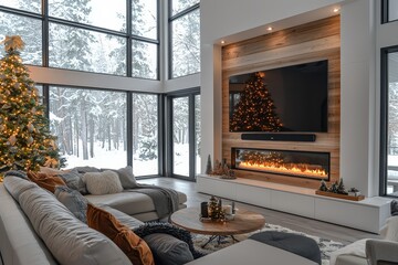 Poster - A beautifully decorated living room features a modern fireplace, a Christmas tree, and large windows showcasing falling snow