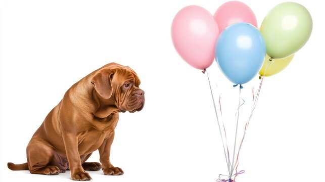 A Dogue de Bordeaux sitting gracefully among colorful balloons, set against a bright white backdrop in a beautifully detailed artistic rendering