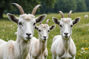 Wall Mural - flock of white horned goats in summer meadow