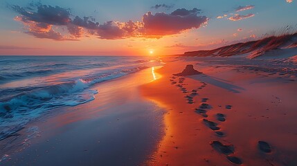 A picturesque beach at sunset with a family creating an intricate sandcastle, the sky ablaze with oranges and pinks, waves gently touching the shore, and footprints in the sand leading to the water.