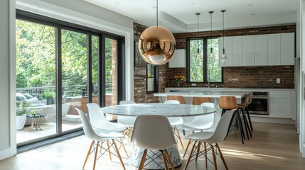 Poster - A bright, modern kitchen with a marble dining table, stylish chairs, and large windows that offer a view of an outdoor garden