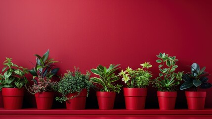Poster - A collection of various indoor plants arranged in bright red pots, set against a striking red wall