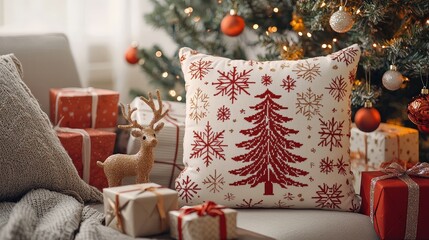 Wall Mural - A warm living room features a decorated Christmas tree surrounded by colorful presents and a festive pillow on the couch