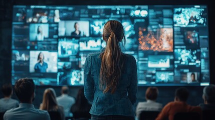 Poster - A woman stands in front of large digital screens filled with diverse data visuals while others sit and watch attentively