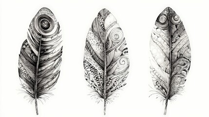 Poster - Three beautifully detailed feathers filled with artistic patterns, showcasing intricate designs in black and white