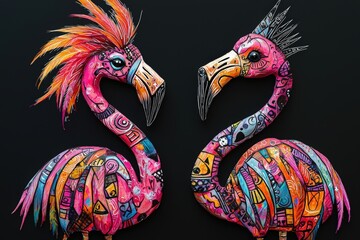 Aufkleber - Two vibrant flamingo sculptures showcase detailed designs in an artistic setting, highlighting creativity and craftsmanship