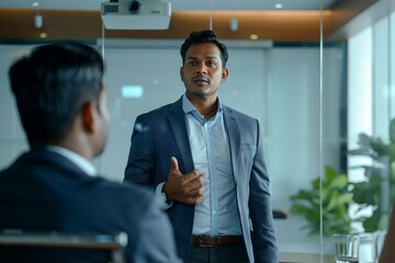 Confident Businessman Presenting in Modern Office