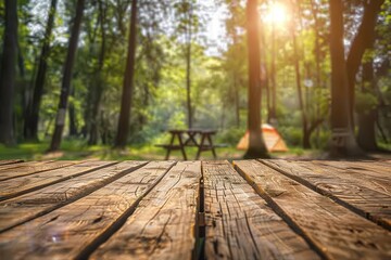 Wall Mural - Camping Background. Wood Table Setting with Summer Camping Theme in Nature Park