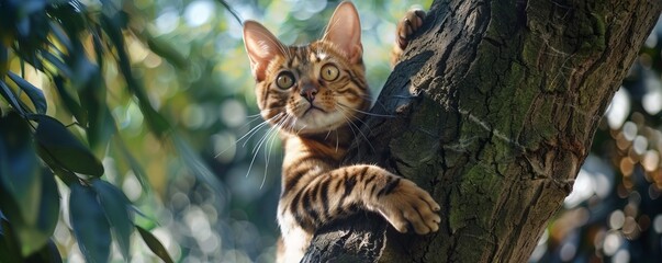 Wall Mural - Mischievous Bengal cat climbing a tree in the backyard, 4K hyperrealistic photo