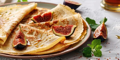 Sticker - Thin pancakes with sliced fig lime zest and honey on a plate light grey table Close up view Festive meal for breakfast lunch dessert or snack featuring Crepes Russian blini Perfect for Masl