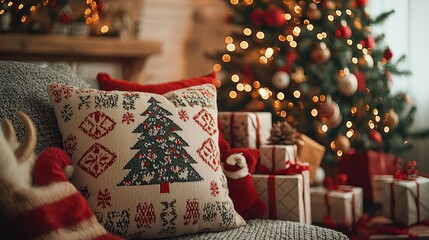 Poster - A living room filled with festive decorations, a beautifully lit Christmas tree, and cozy presents wrapped in colorful paper