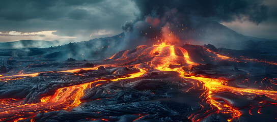  Dramatic Volcanic Landscape with Active Crater and Flowing Lava Against a Dark, Smoky Sky. This intense scene showcases the raw power of an erupting volcano