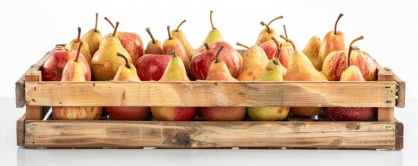 Wall Mural - Wooden crate filled with fresh apples and pears on white background, 4K hyperrealistic photo