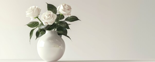 Wall Mural - White ceramic vase with roses on white background, 4K hyperrealistic photo