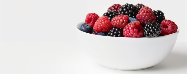 Wall Mural - White ceramic bowl with berries on white background, 4K hyperrealistic photo