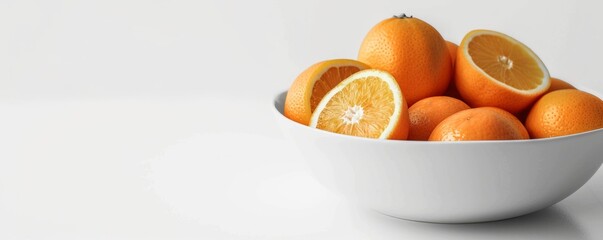 Wall Mural - White ceramic bowl with oranges on white background, 4K hyperrealistic photo