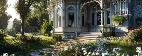 Wall Mural - Victorian-era house with a garden, 4K hyperrealistic photo