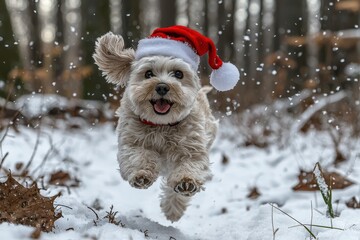 Poster - A playful dog leaps through the snow in a forest, wearing a bright red Santa hat while snowflakes fall around