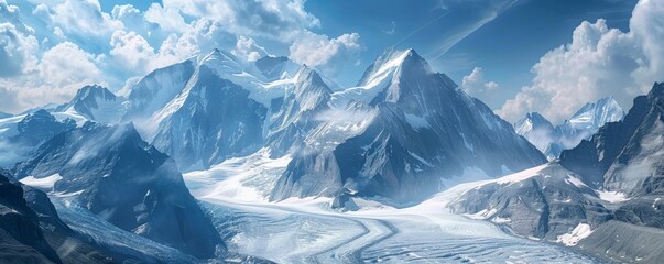 Towering mountains with a pristine glacier, 4K hyperrealistic photo