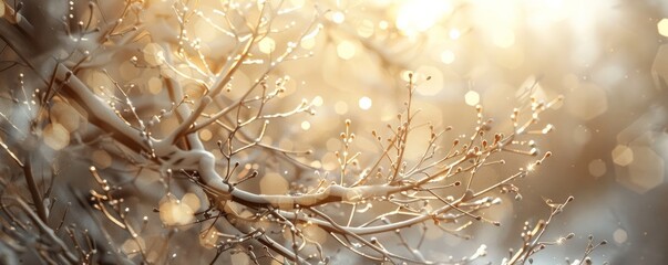 Wall Mural - Sunlight filtering through winter branches, 4K hyperrealistic photo