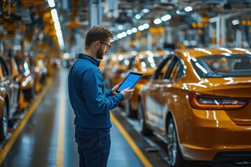 Poster - A worker inspects vehicle assembly operations while using a tablet in an automotive production line filled with orange cars