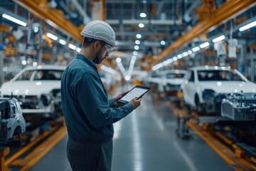 Poster - A worker in a hard hat reviews information on a tablet, overseeing an automobile assembly line with vehicles in various stages of construction