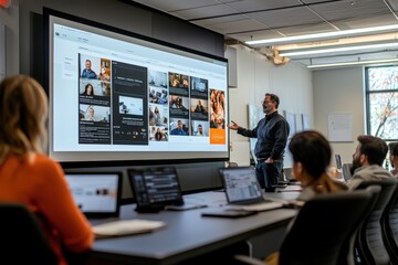 Fototapete - A speaker engages the audience while presenting a digital marketing plan using a large screen in a contemporary classroom