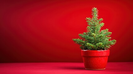 Poster - A small evergreen tree is placed in a red pot, contrasting beautifully with the vibrant red background, perfect for holiday decorations