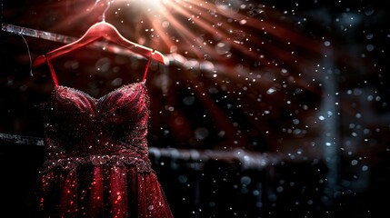   A red dress hangs on a hanger with a bright light shining down from above