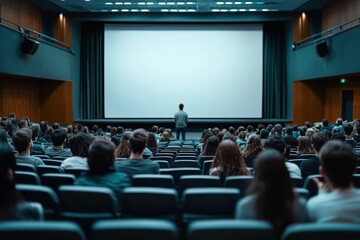 Poster - A presenter addresses an attentive audience in a well-lit lecture hall, with a large screen ready for visuals