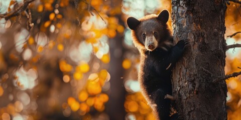 Wall Mural - Charming black bear cub with a cinnamon coat perched in a tree