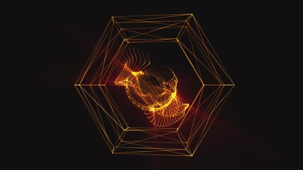 Wall Mural - Rotating abstract golden energy sphere of particles and waves of magical glow on dark background and hexagon of golden lines rotating around it, video 4k