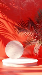 Wall Mural - Tropical paradise meets modern minimalism: white circular podium and sphere against vibrant red backdrop with palm leaf shadows creating exotic allure.