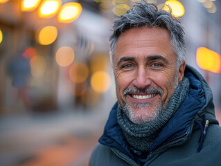 Poster - Happy Mature Entrepreneur in Urban Setting at Dusk with City Background Close-Up Portrait