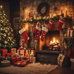  A cozy Christmas scene featuring stockings hanging by a fireplace, glowing with warm lights and festive decorations. Wrapped gifts and holiday decor create a cheerful, traditional atmosphere.
