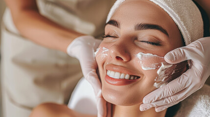 Wall Mural - A woman is getting her face washed with a cream