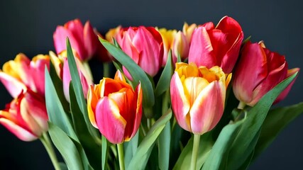 Poster - Bouquet of red and yellow tulips gently swaying on black background