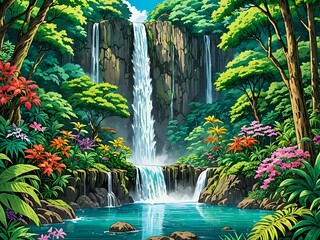 Poster - A majestic waterfall in a lush rainforest, surrounded by vibrant vegetation and colorful flowers, manga style 