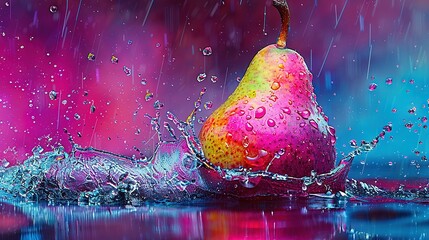 Wall Mural -   A pear with water splashing on it, floating in a body of water against a pink and blue backdrop