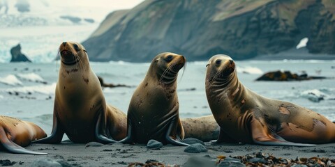 Wall Mural - Three sea lions lounging on the shore together